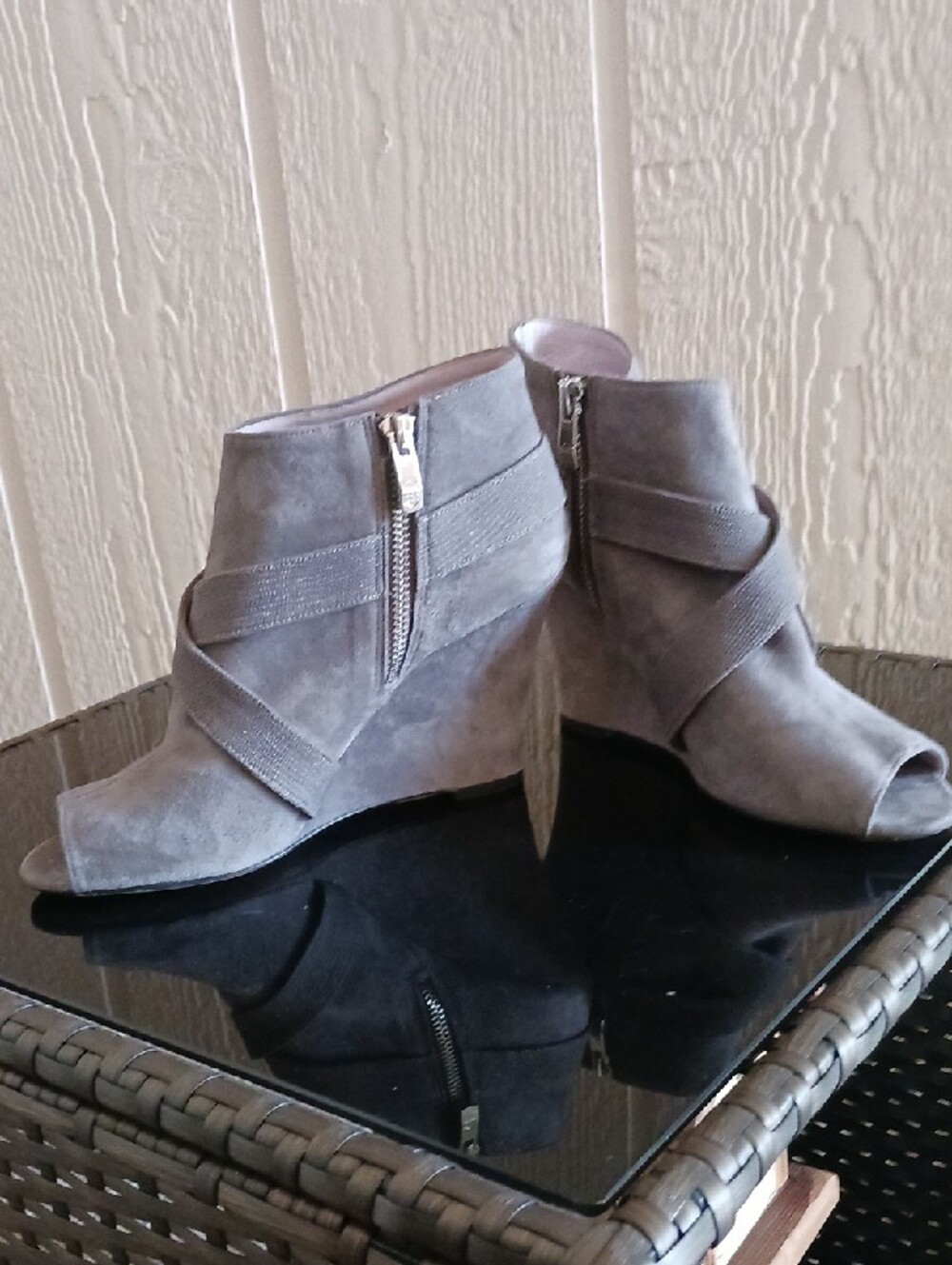 Vince Camuto Gray Suede Crisscross Wedge Booties - Picture 4 of 11